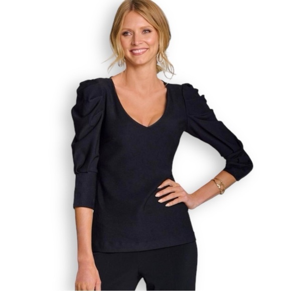 Boston Proper Puff Sleeve Top S Black Blouse Shirt Travel Minimalist - Picture 1 of 12